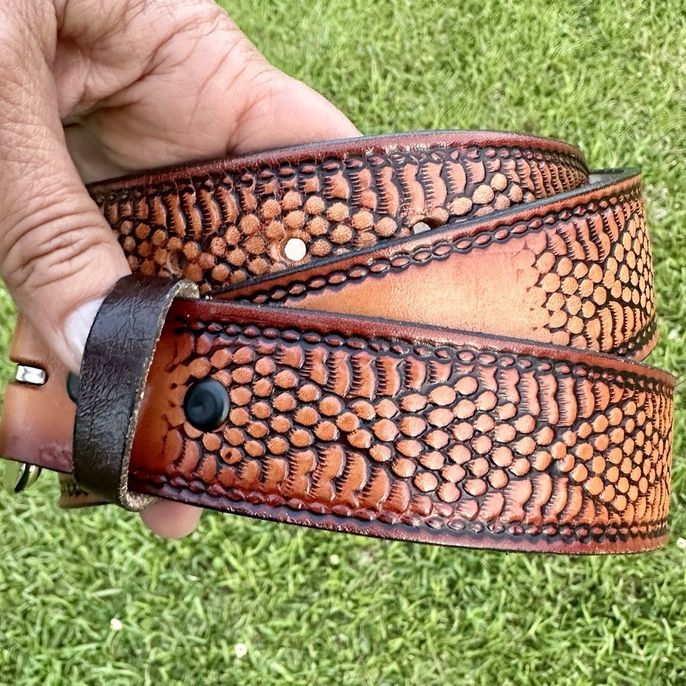 NEW Hand Tooled Leather Belt Rattlesnake Scale Western Biker Blank Name Panel 38